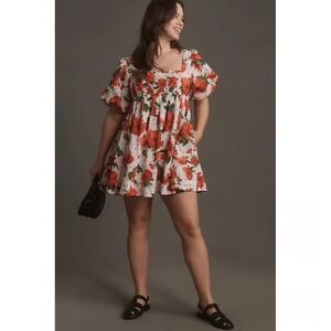 Maeve Anthropologie Red Poppy Floral‎ Babydoll Mini Dress Puff Sleeve Large